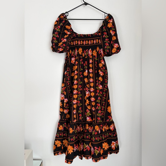 100% Cotton Black Floral Boho Puff Sleeve Dress Size L - Picture 2 of 2
